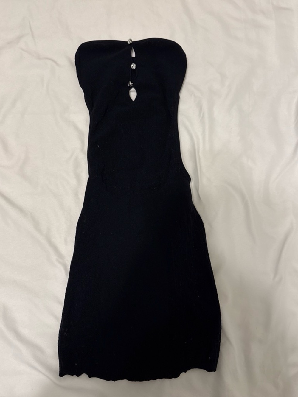 White Fox Boutique Black Strapless Bodycon Dress with Front Jewel Accents